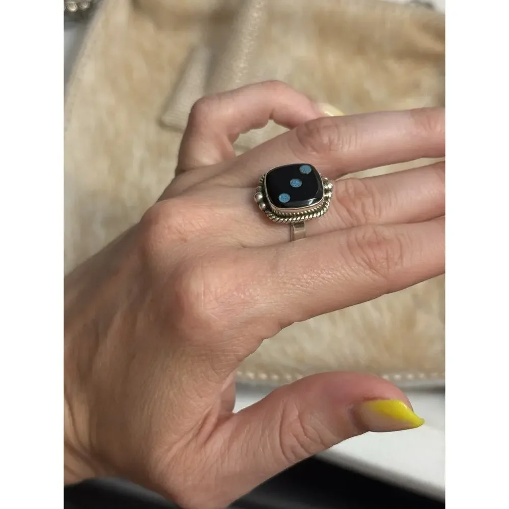 Native American SW Sterling Silver Carved Onyx Black Opal Dice Ring 3 Gamble